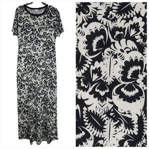 LuLaRoe Maria Maxi Dress L 14/16 Black & White Floral A-line Cap Sleeve Long NWT